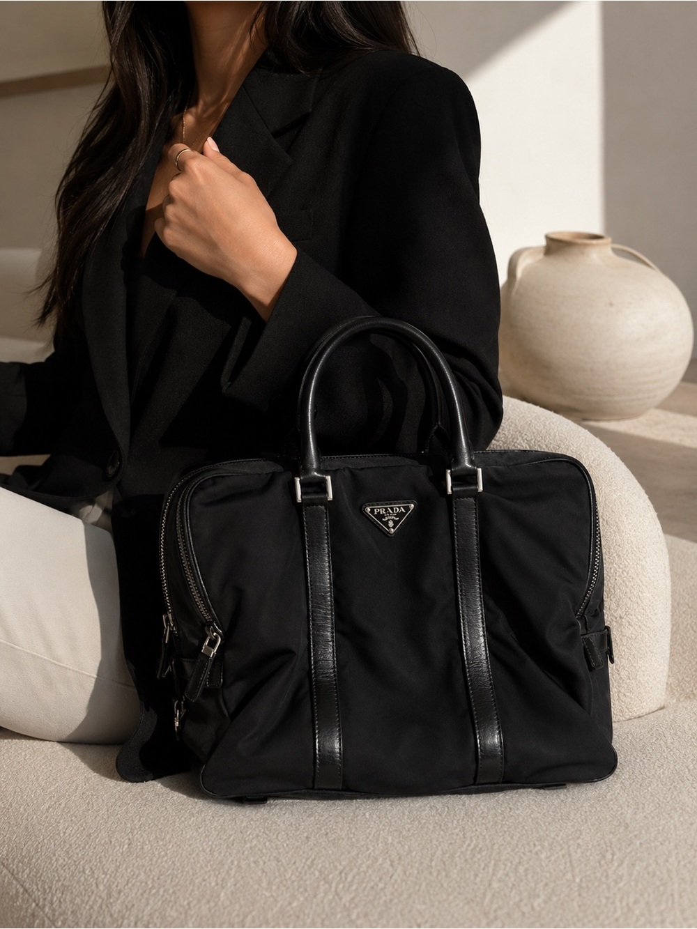 Prada Black Nylon Tote/Laptop Bag with Leather Trim